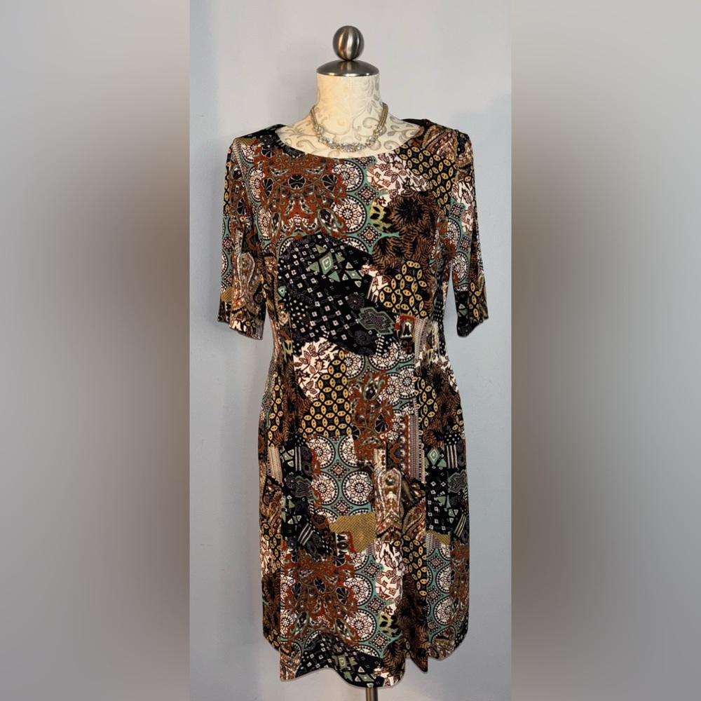 Roz & Ali 3/4 Sleeve Fit & Flare Patchwork Dress Size 14P. #H